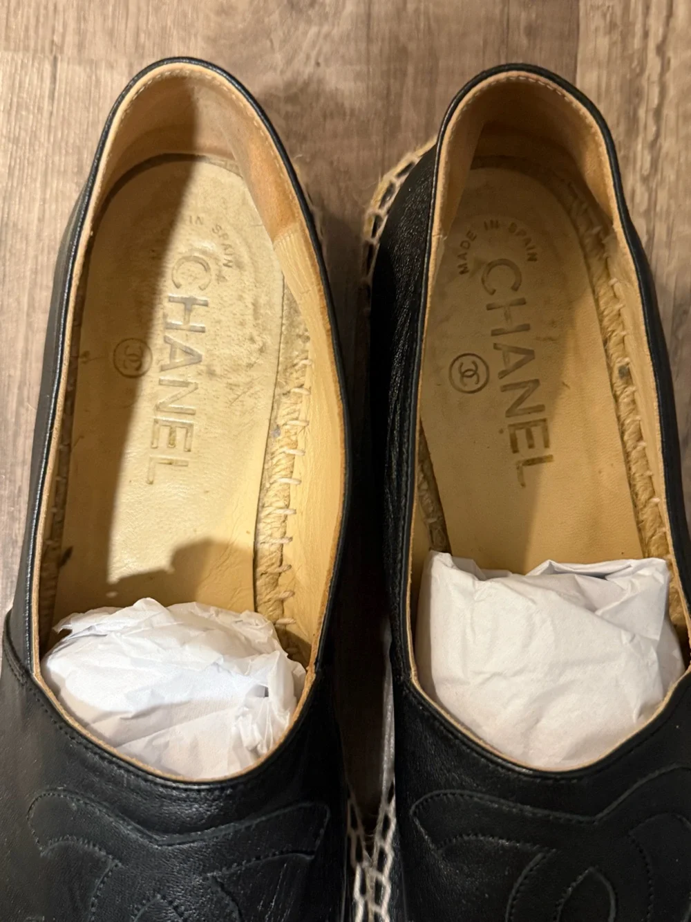 Authentic CHANEL Black Leather Espadrille Slip-Ons with Logo